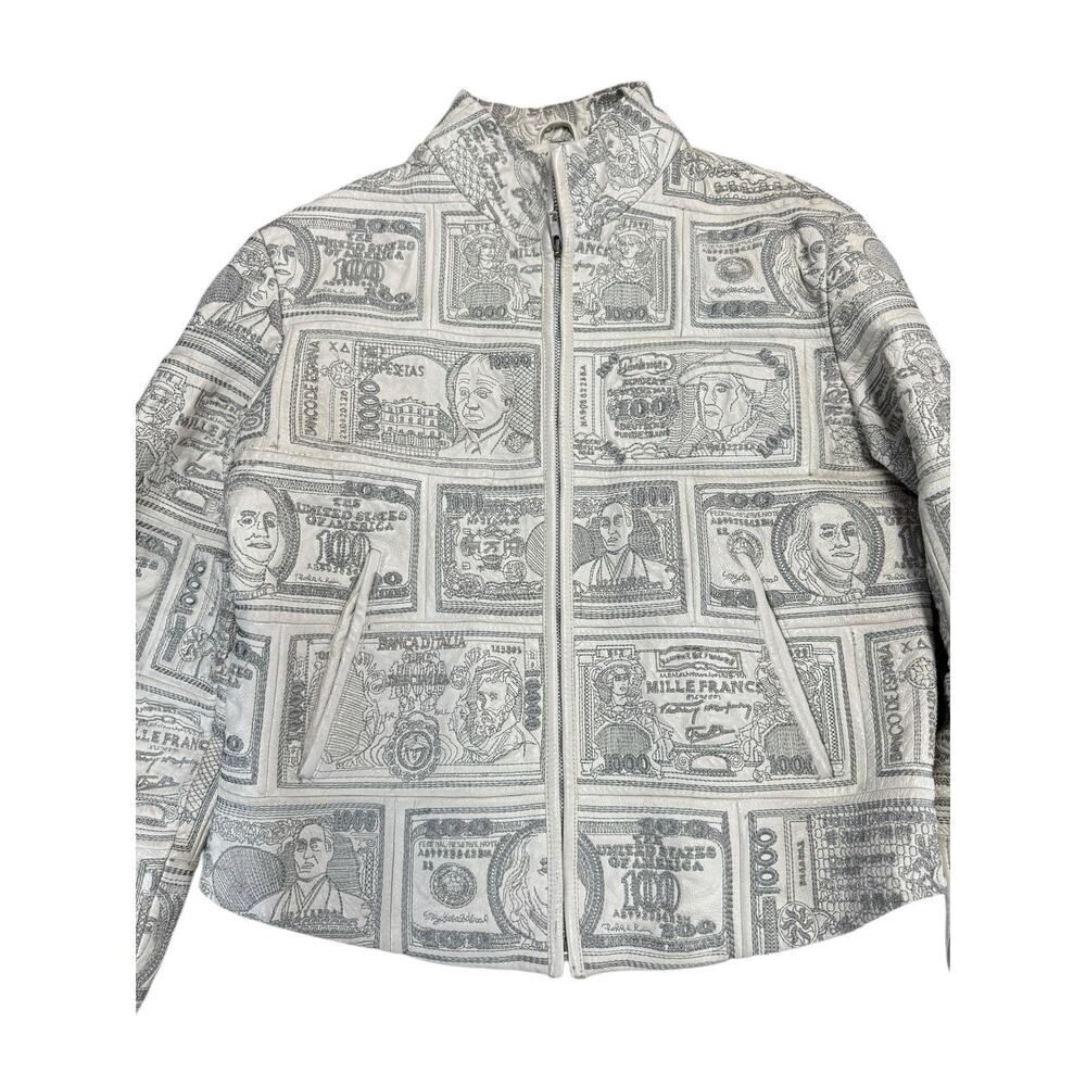 VTG RARE 90s Pelle Moda White Leather Money Print Jacket Sz L Currency $$$